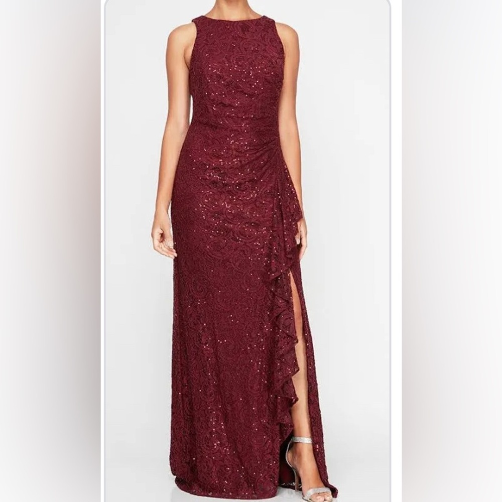 Alex Evenings Burgundy Sequin Lace Maxi Dress